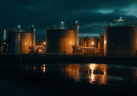 "Oil refinery in Iran producing motor gasoline to address fuel shortage."